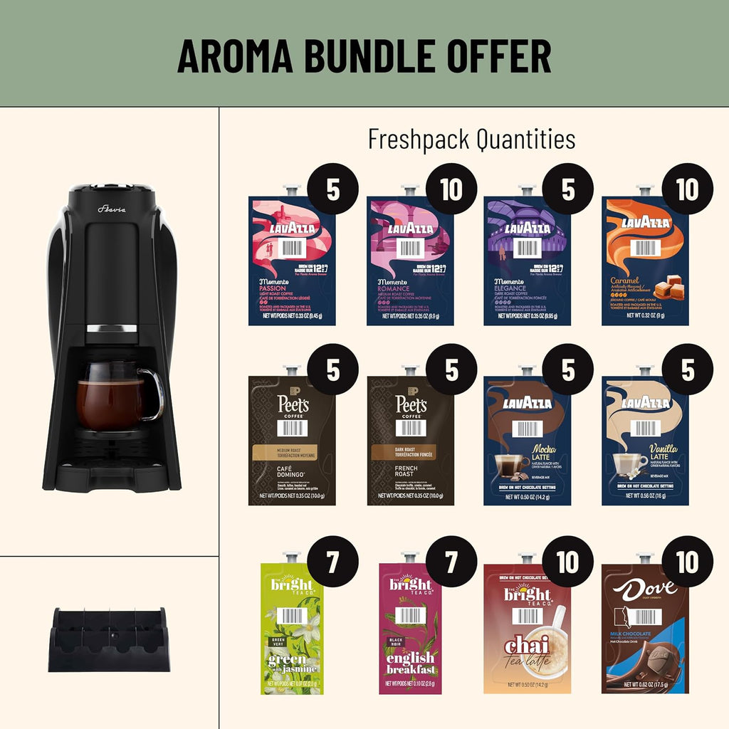 Flavia Aroma Brewer Bundle with 84 Freshpacks and 1 Merchandiser - Coffee Machine, Makes Coffee, Lattes, Tea, and other Hot or Iced Beverages, Multiple Brew Sizes, Black, Works ONLY with Freshpacks