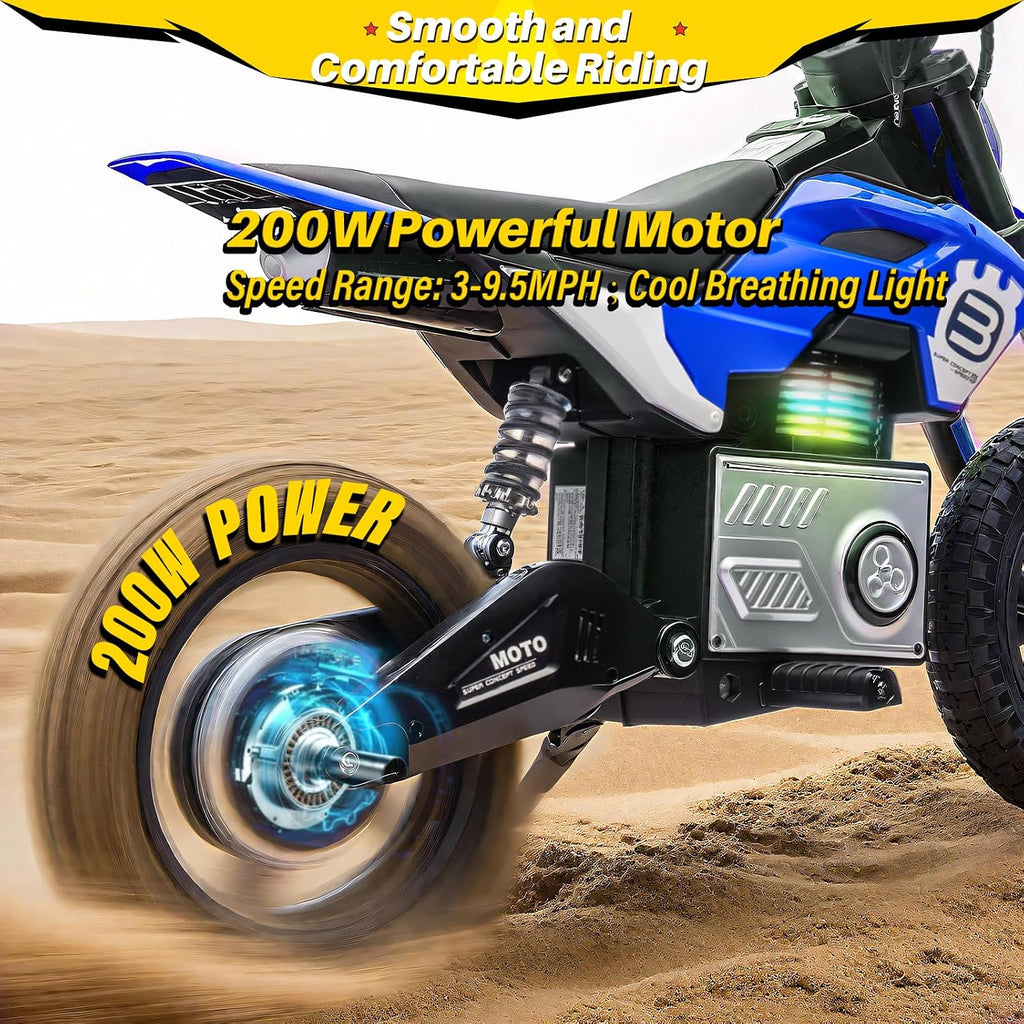 Blitzshark 24V Electric Dirt Bike for Kids，200W Motor Electric Motorcycle Aged 5-12, Electric Motorbike for Kids, Adjustable Speed, LED Breath lamp,Bluetooth,Music,Horn,Speeds 3-9MPH，Blue