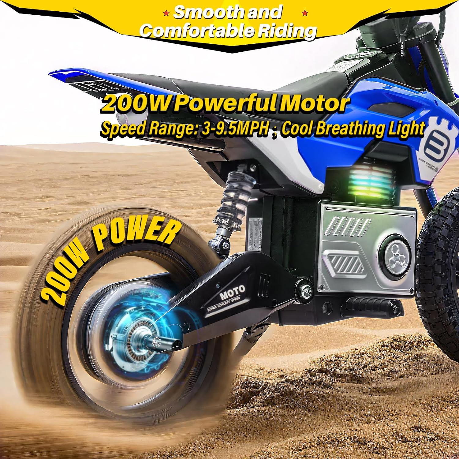 Blitzshark 24V Electric Dirt Bike for Kids，200W Motor Electric Motorcycle Aged 5-12, Electric Motorbike for Kids, Adjustable Speed, LED Breath lamp,Bluetooth,Music,Horn,Speeds 3-9MPH，Blue