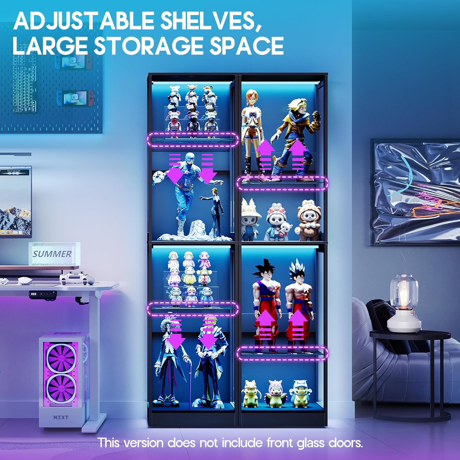 AMERLIFE RGB Display Cabinet with Adjustable Shelves, 4-Tier Storage Case with LED Lights, Modern Display Shelf for Collectibles, Black 70' H×18' L×14' D