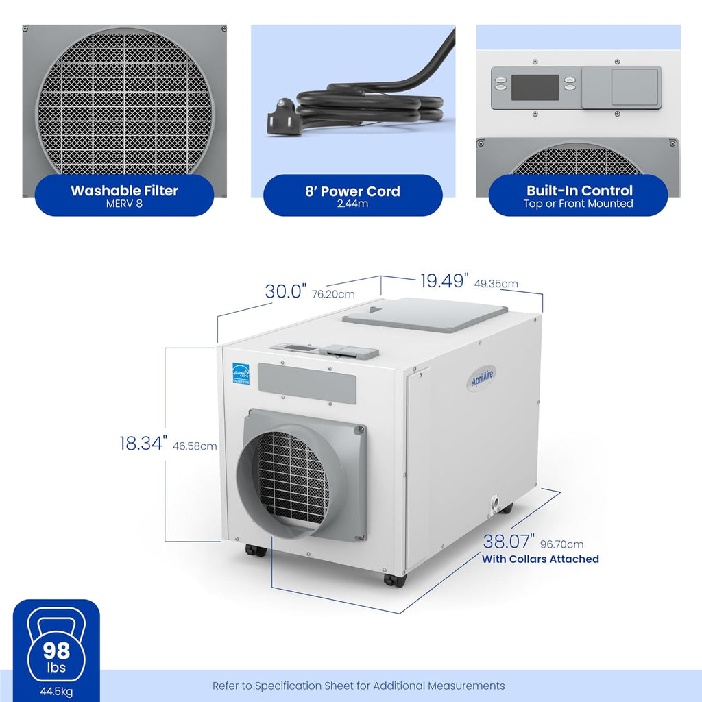 AprilAire E130C Pro 130-Pint Whole-House Dehumidifier with Castors, Energy Star Certified, Commercial-Grade for Basement, Crawlspace, or Whole House up to 7,200 sq. ft.