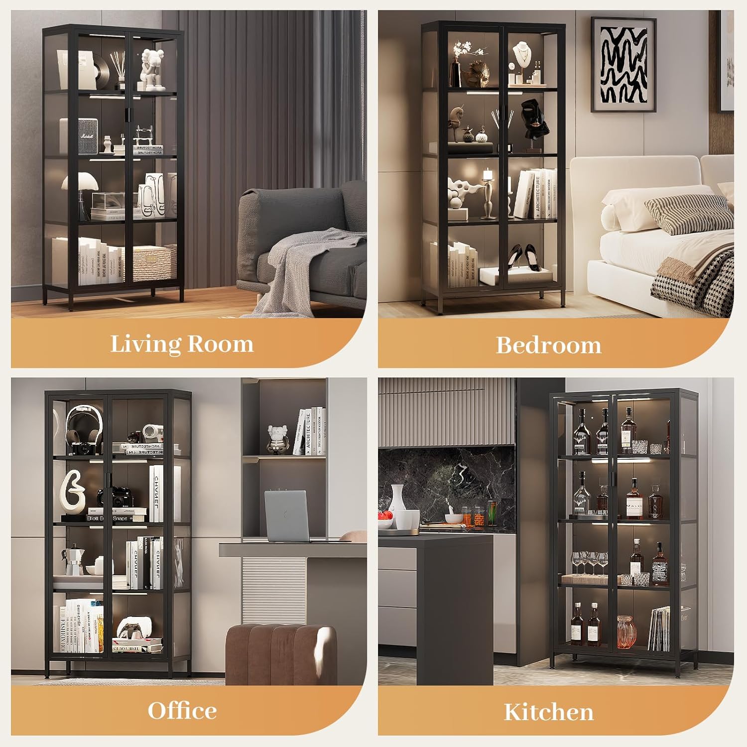Eltean 63' H Display Cabinet with Glass Doors,4 Tiers Curio Display Case with 3 Colors LED Sensor Light,Glass Display Cabinets for Collectible with 3 Adjustable Shelves for Living Room,Bedroom,Office