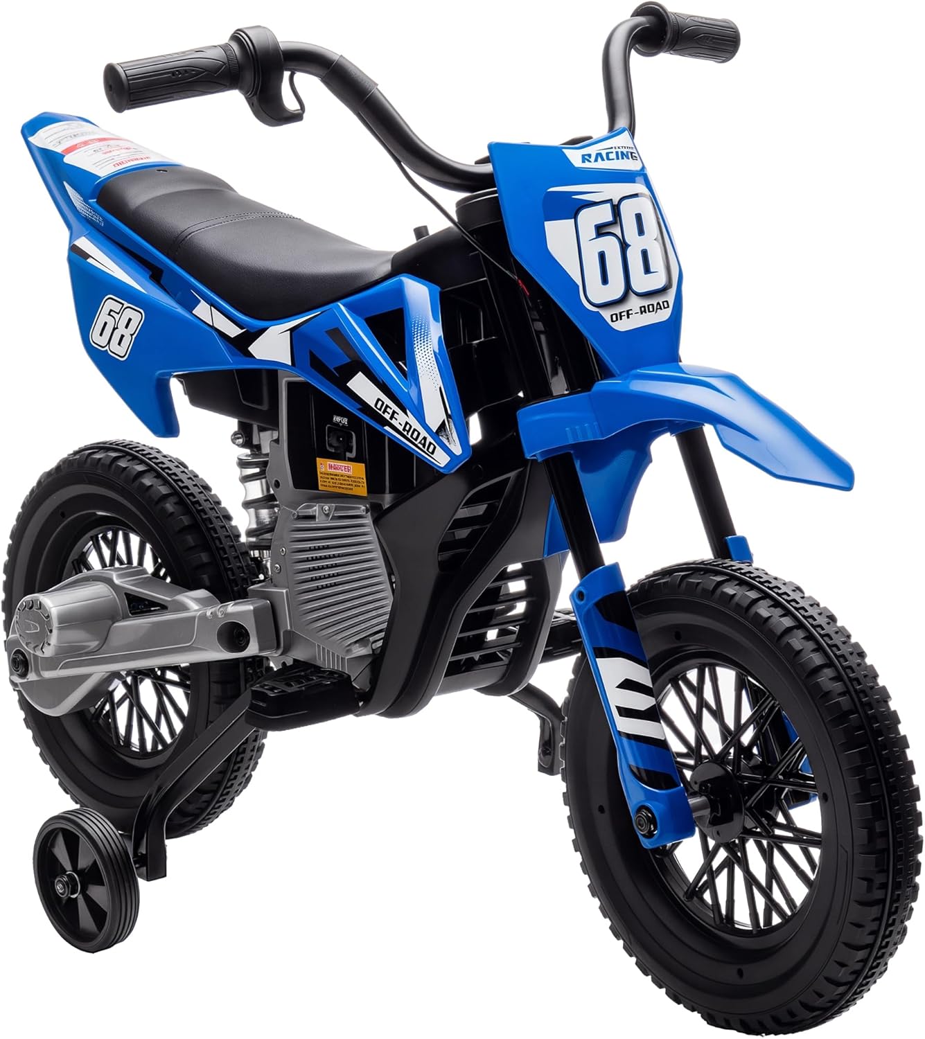 Qaba Kids Dirt Bike with Twist Grip Throttle, 12V Electric Motorcycle, Electric Bike for Toddler with Training Wheels, Spring Suspension & Music, Blue