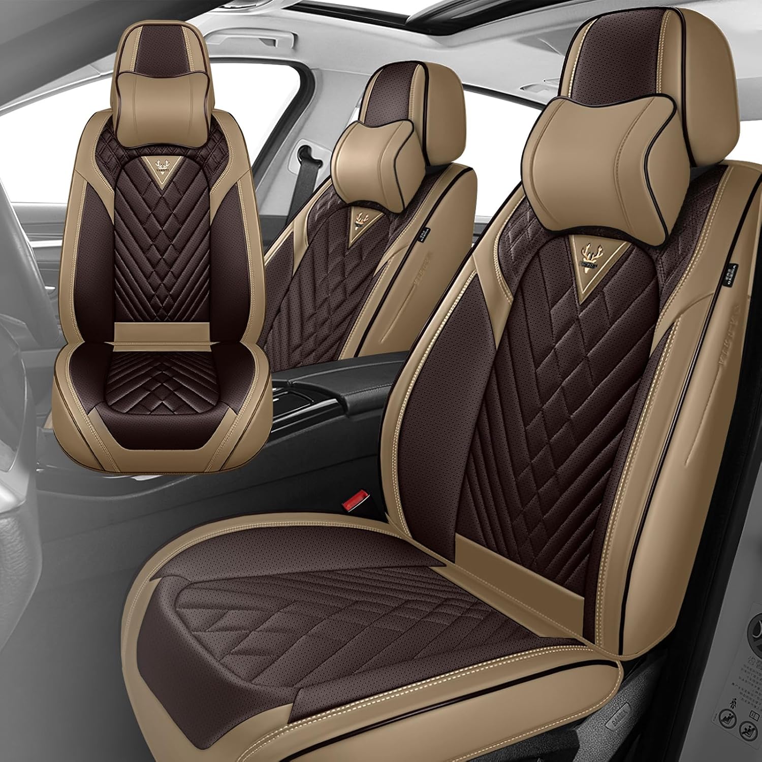 Fit for 97% of Cadillac Seat Covers, Fashion Sport Seat Cover with Waterproof Leather, Airbag Safe Design Seat Protector (5 Full Seat Luxury, Brown Coffee)