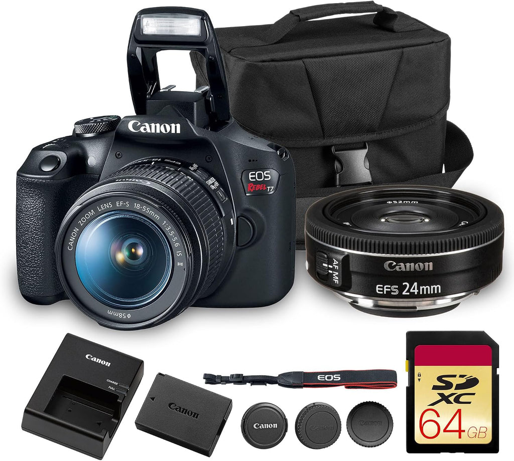 Canon EOS Rebel T7 DSLR Camera Kit | 24.1MP APS-C Sensor with EF-S 18-55mm Lens | Full HD 1080p Video Compact Beginner-Friendly Photography (2727C002) + Canon EF-S 24mm Lens + Bag + 64GB Card