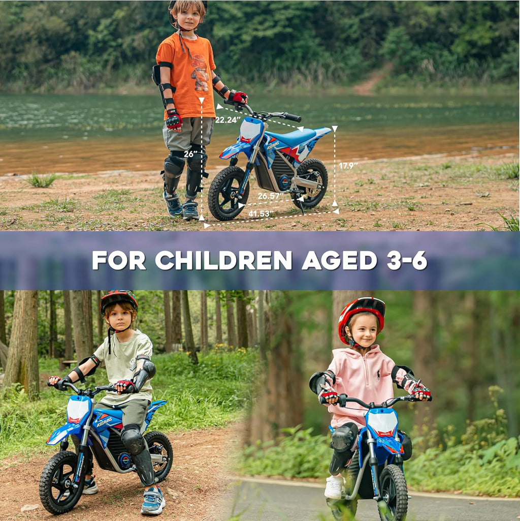 AIII Electric Dirt Bike for Kids 3-7, High Performance Racing Grade Motorcycle, Up to 8MPH, 2 Speed Settings, 12-Inch Off-Road Tires, Rear Disc Brakes & Advanced Shock Absorption, Blue