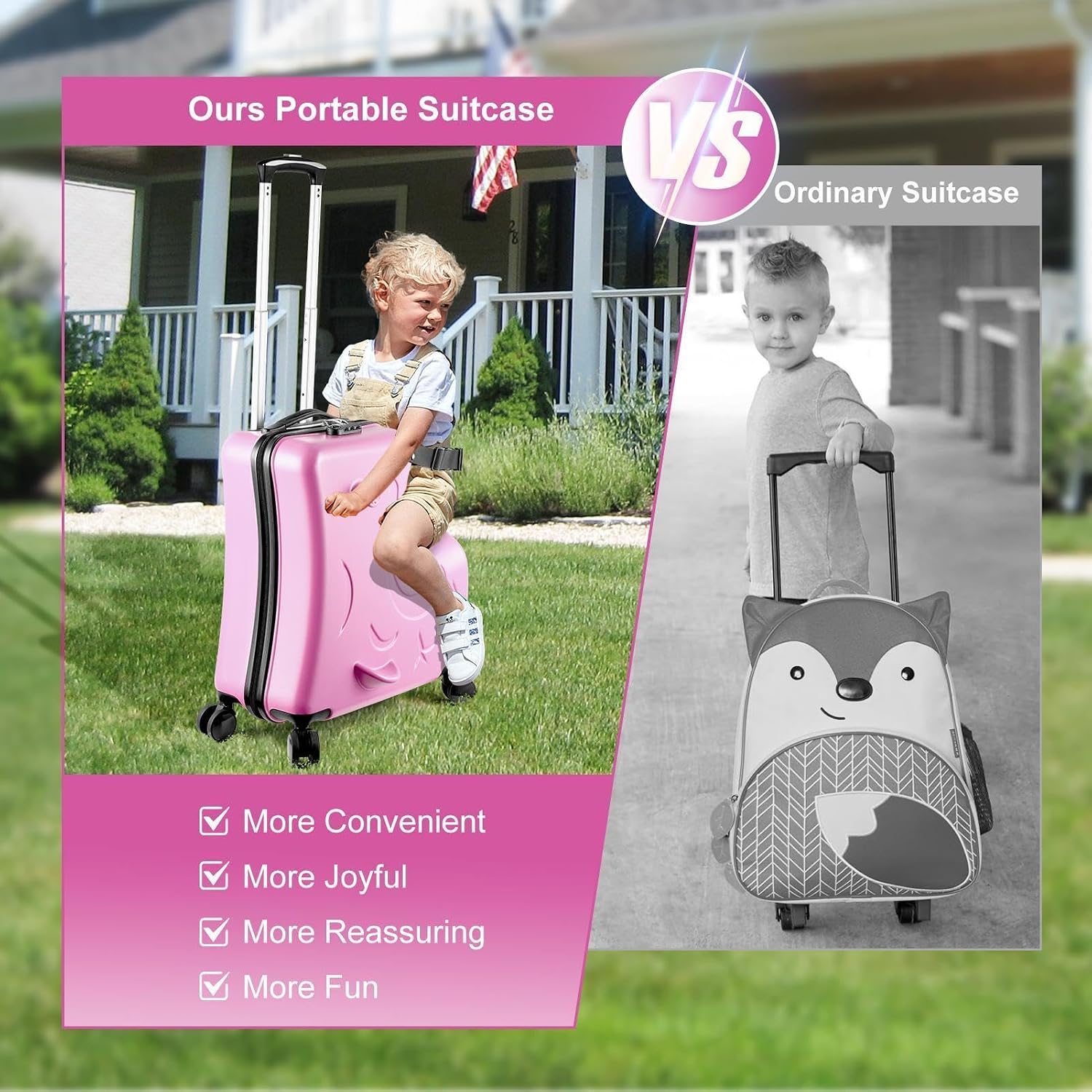 24 Inch Kids Ride On Travel Suitcase, Rolling Luggage with Wheels Carry Trolley Luggages with Password Lock, Children's Ride On Trolley for Children's Day Gift, Festival Gift (Pink)