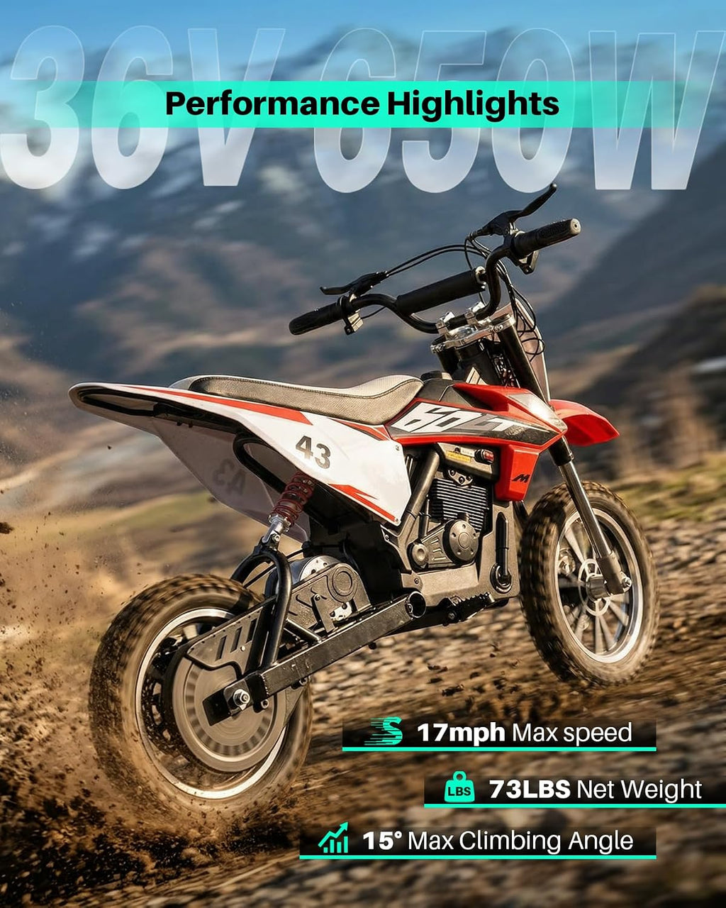Blitzshark 36V 650W Kids Electric Dirt Bike Off-Road Motocross Ultra Powerful Motorcycle, with 17 MPH MAX Speed, Rubber Tire,Twist Grip Throttle, Dual Suspension & Brakes, Leather Seat, SRK-MC20 Pro