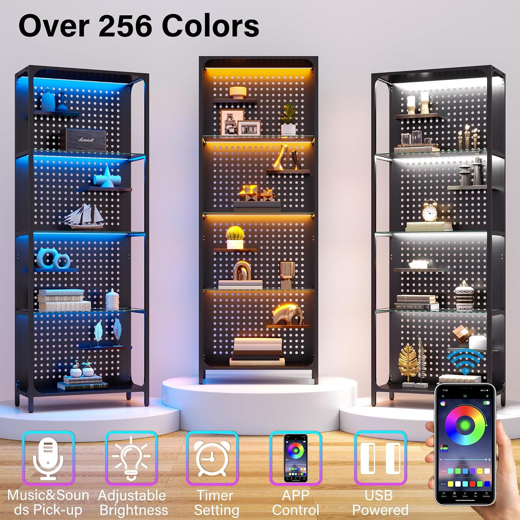 kepptory LED Display Shelf for Collectibles, 4-Tier Glass Shelf with Small Display Shelves and Pegboard Design, Tall Narrow Gaming Shelves with Anti-Tipping Device, Black (65 Inch)