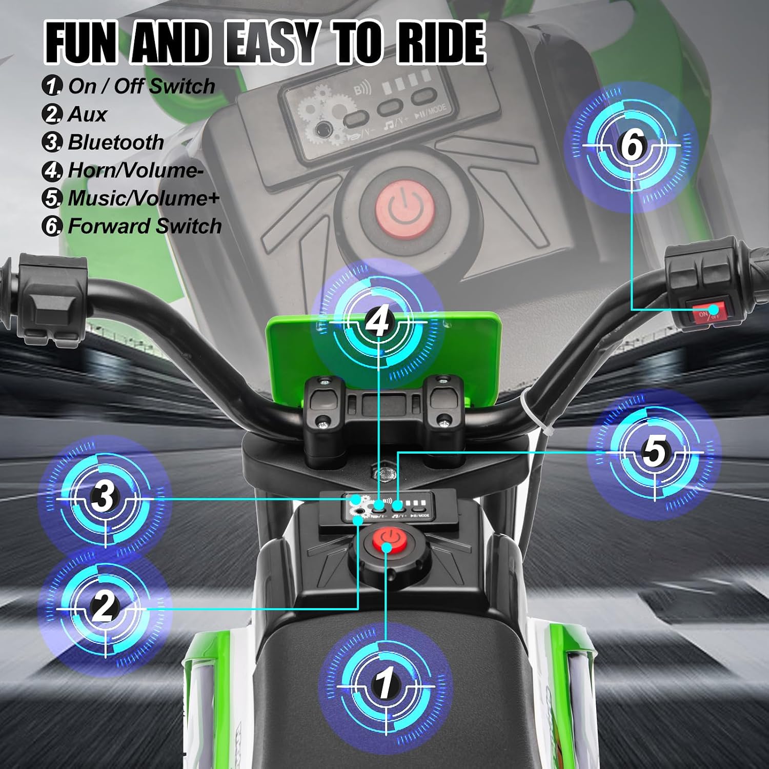 JOYLDIAS Kids Motorcycle Dirt Bike, 12V7AH Battery-Powered Ride On Motorcycle for Kids, Off-Road Street Bike w/Training Wheels, Music, Spring Suspension, High/Low Speeds, Green