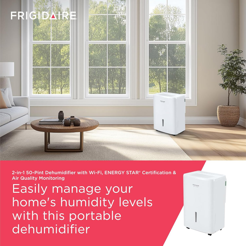 Frigidaire Gallery 2-in-1 35-Pint Dehumidifier with Wi-Fi, Air Quality Monitoring for Small/Medium/Large Rooms & Basements, Custom Humidity Control, Auto Shut Off, White