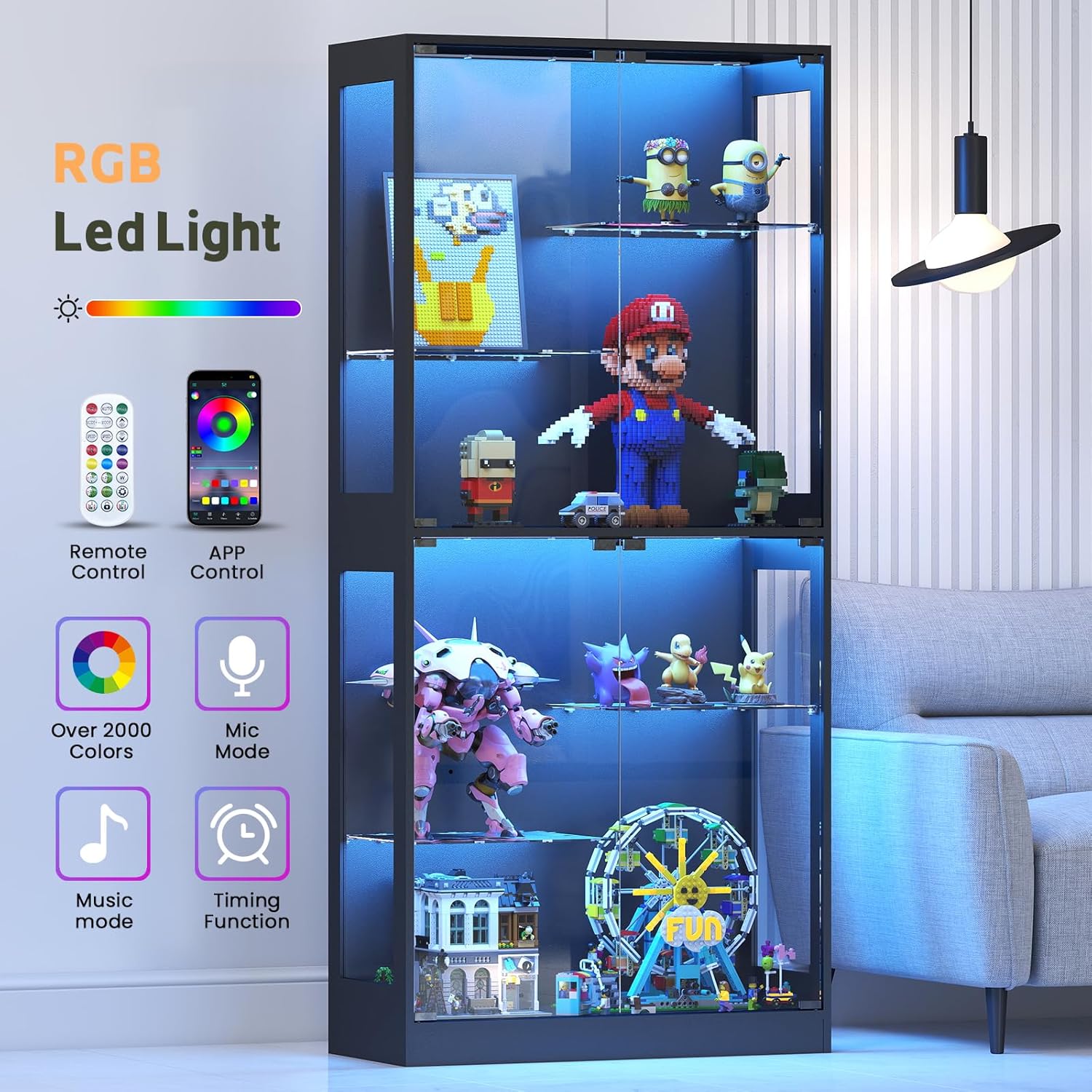 Lamtor 69-Inch Glass Display Cabinet - Curio Cabinet with RGB Lighting, Adjustable Shelves Display Case, for Game Room, Living Room, Bedroom, Black