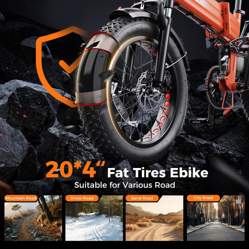 Heybike Mars 2.0/3.0 Foldable Electric Bike, UL2849 Certified, 70+Miles Long Range, 1400W/1800W Peak Motor 32MPH, 624WH Removable Battery, 20'*4 Fat Tire Ebike for Snow, Commute, Full Suspension