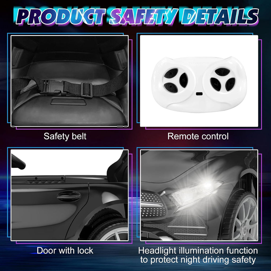 12V Kids Ride On Car with 2.4G Remote Control,Battery Powered Electric Car Ride On Vehicle Double Doors, Safety Belt,LED Light (SC-Black)