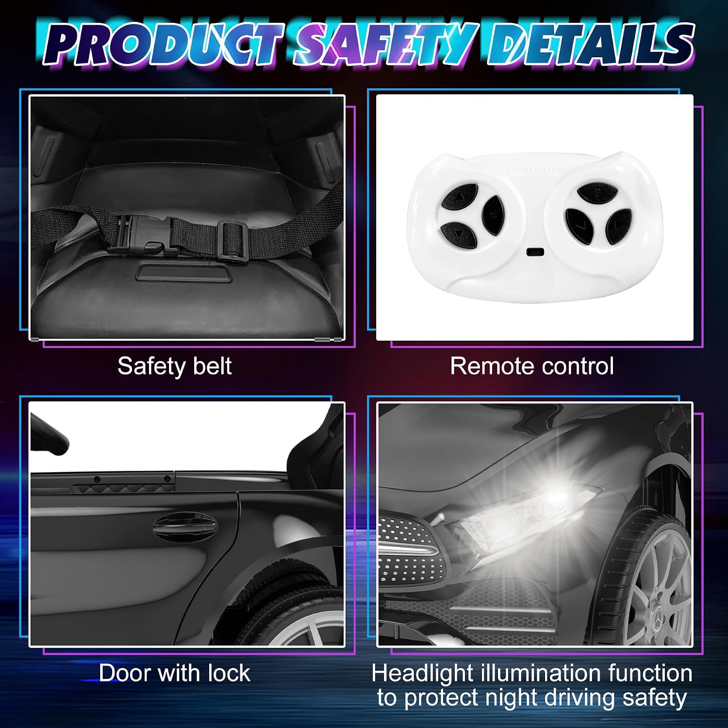 12V Kids Ride On Car with 2.4G Remote Control,Battery Powered Electric Car Ride On Vehicle Double Doors, Safety Belt,LED Light (SC-Black)