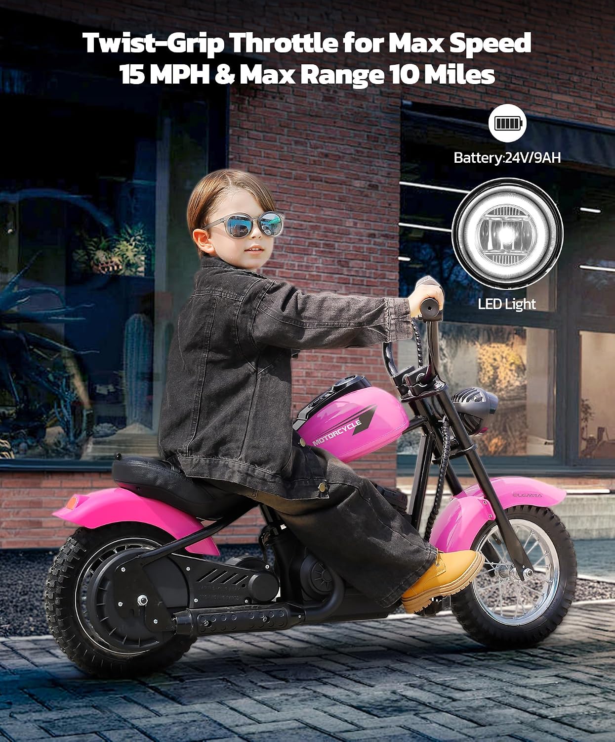 ELEMARA Electric Dirt Bike, 15 mph & 150lb Max, 24V Ride on Toy for Big Kids w/LED Lights & Power Display,Chain-Driven Motor,Twist-Grip Throttle, Shock Springs,Handbrake,12' Air-Filled Tires-Pink