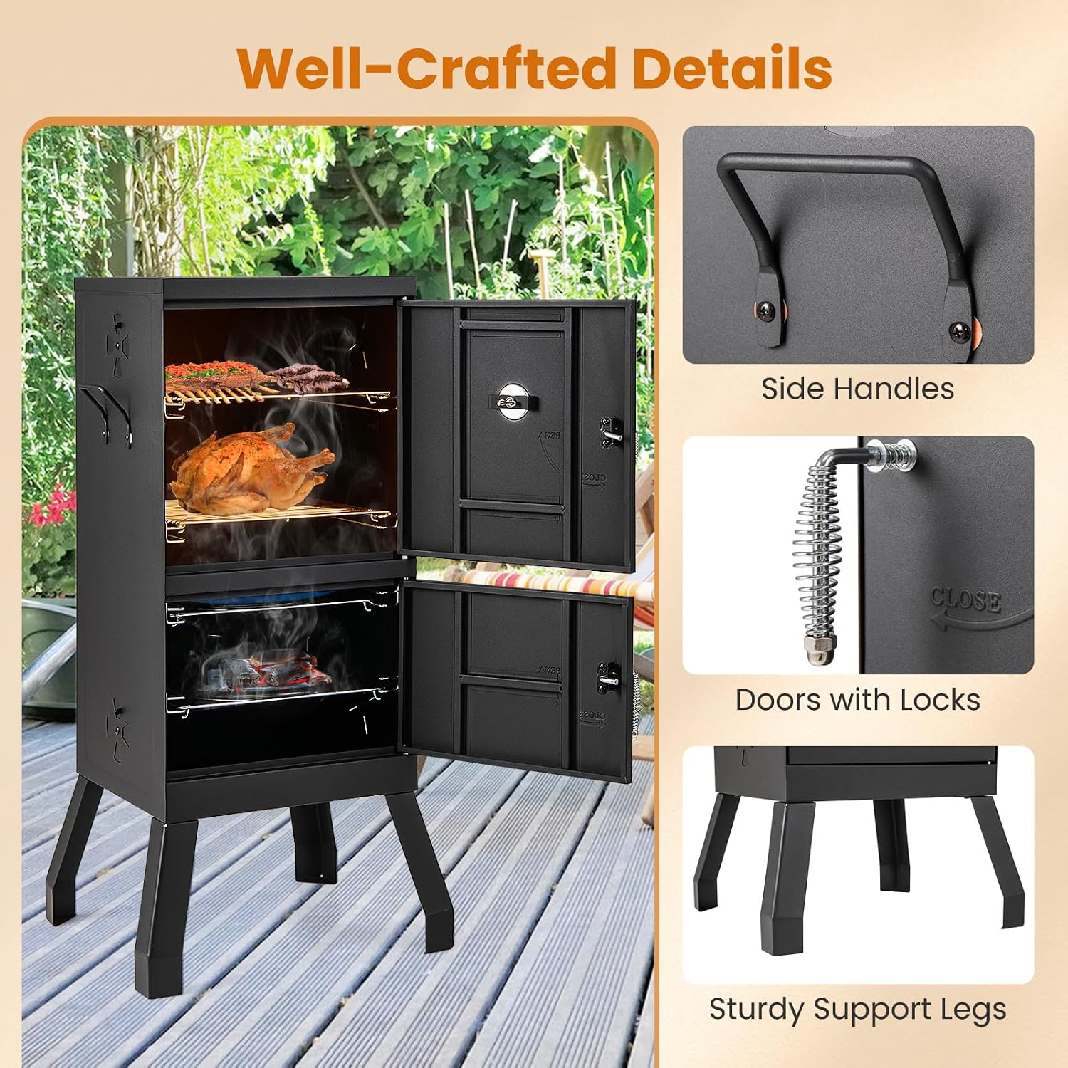 Giantex Outdoor Smoker with Double Doors, 2 Detachable Grill Netting Smoking Racks, Charcoal Pan & Water Pan, 4 Air Vents, Thermometer, Vertical Charcoal Smoker for Barbecue Camping Backyard Grill