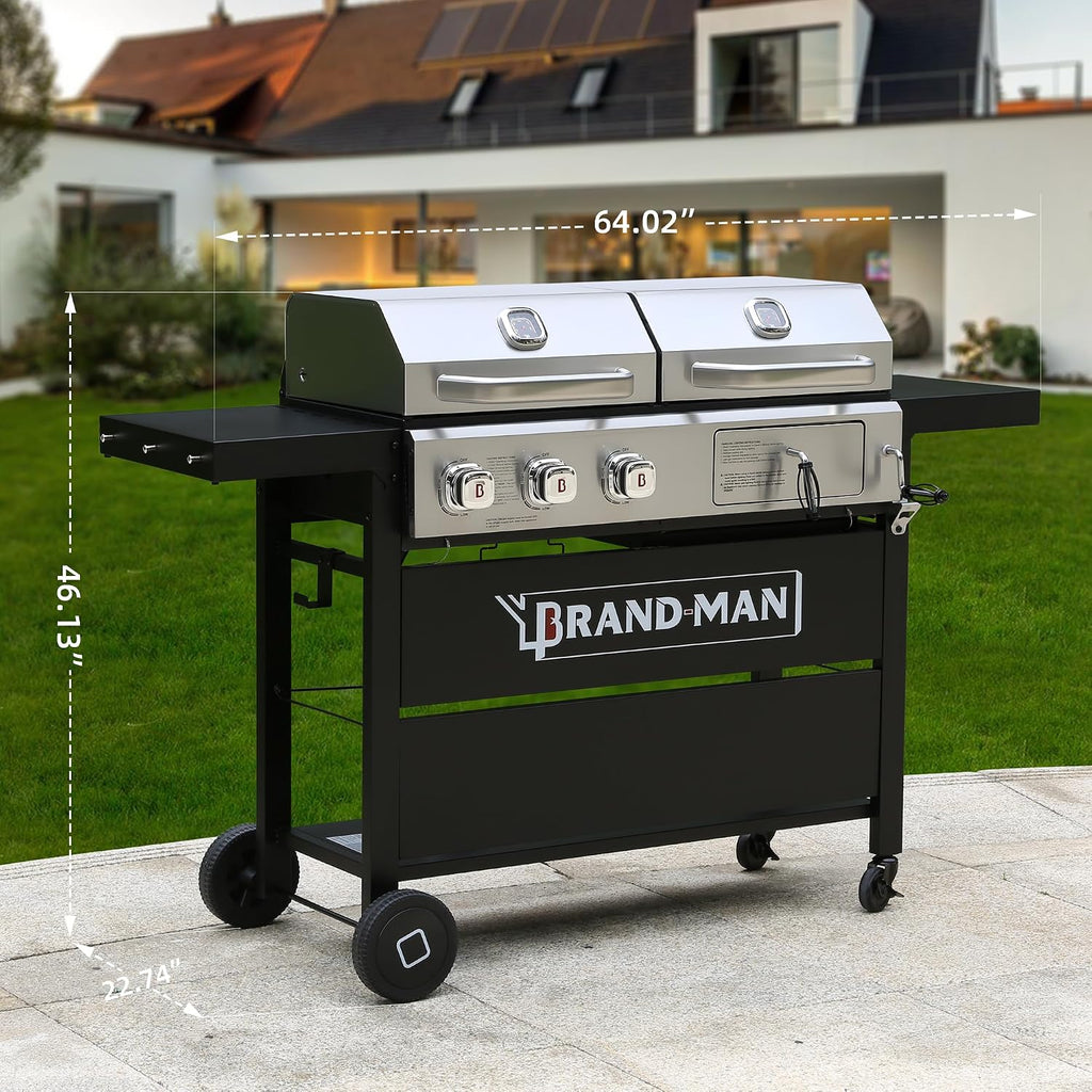 Brand-Man Propane Gas and Charcoal Grill Combo,Grill and Griddle Combo Dual Fuel BBQ Grill with Dual Lids for Outdoor Barbecue, Black