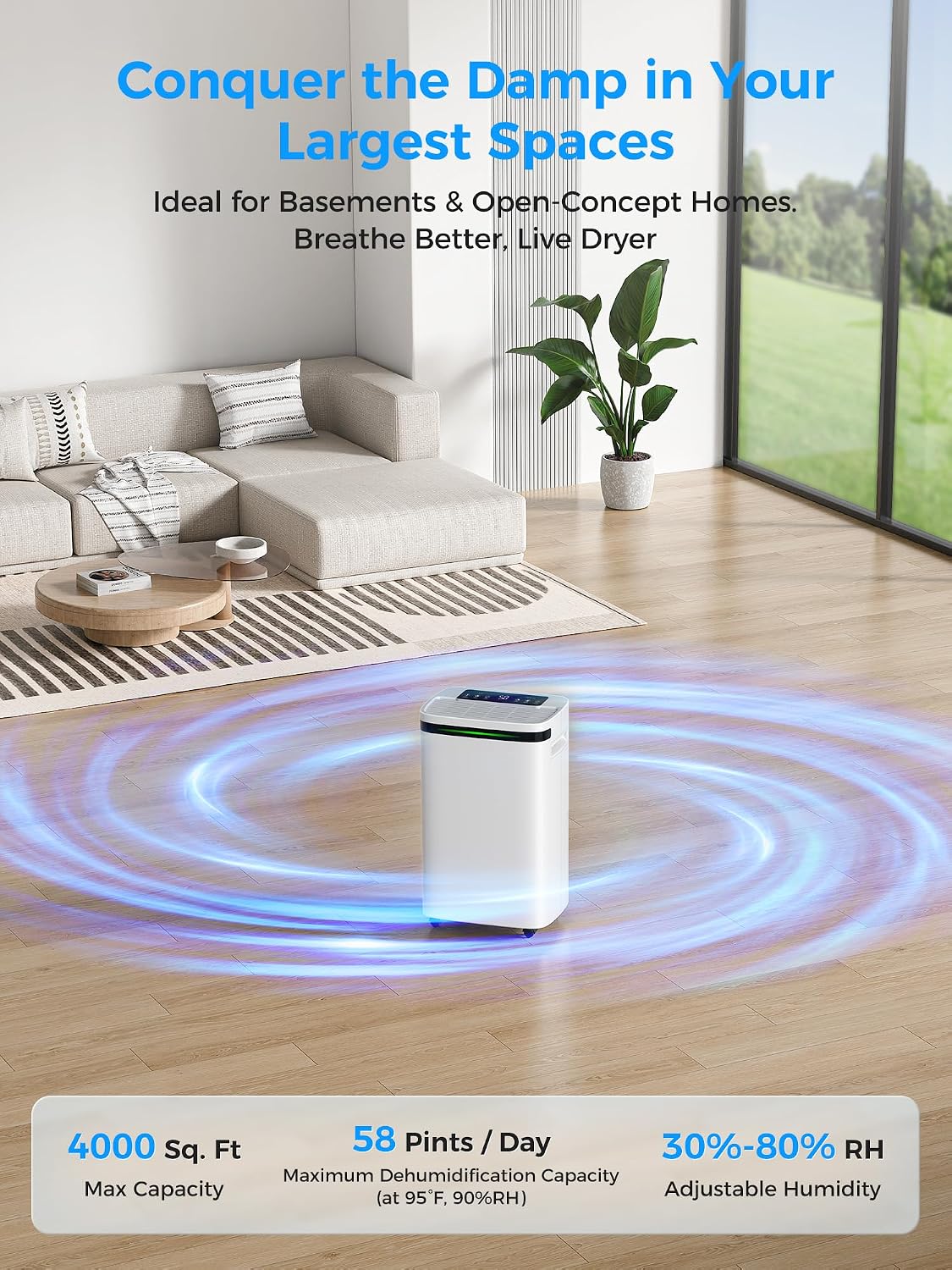 VEAGASO 4000 sq.ft Dehumidifiers for Basement, MAX 58 Pint Smart Compressor Dehumidifier with Drain Hose, Intelligent Humidistat, Dry Clothes, 24HR Timer, for Home, Large Room, Bathroom, Bedroom