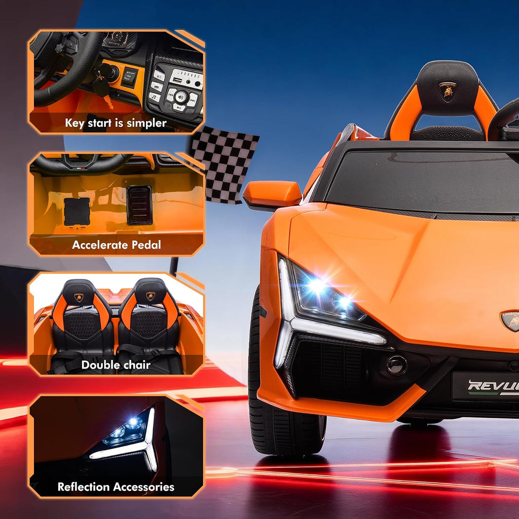 Oryxearth 2-Seater Ride on Car 24V Electric Lamborghini for Kids, 2WD with PU Leather Seats w/Adjustable Safety Belt, 2 Speeds Mode, Bluetooth, Remote Control, Gifts for Children