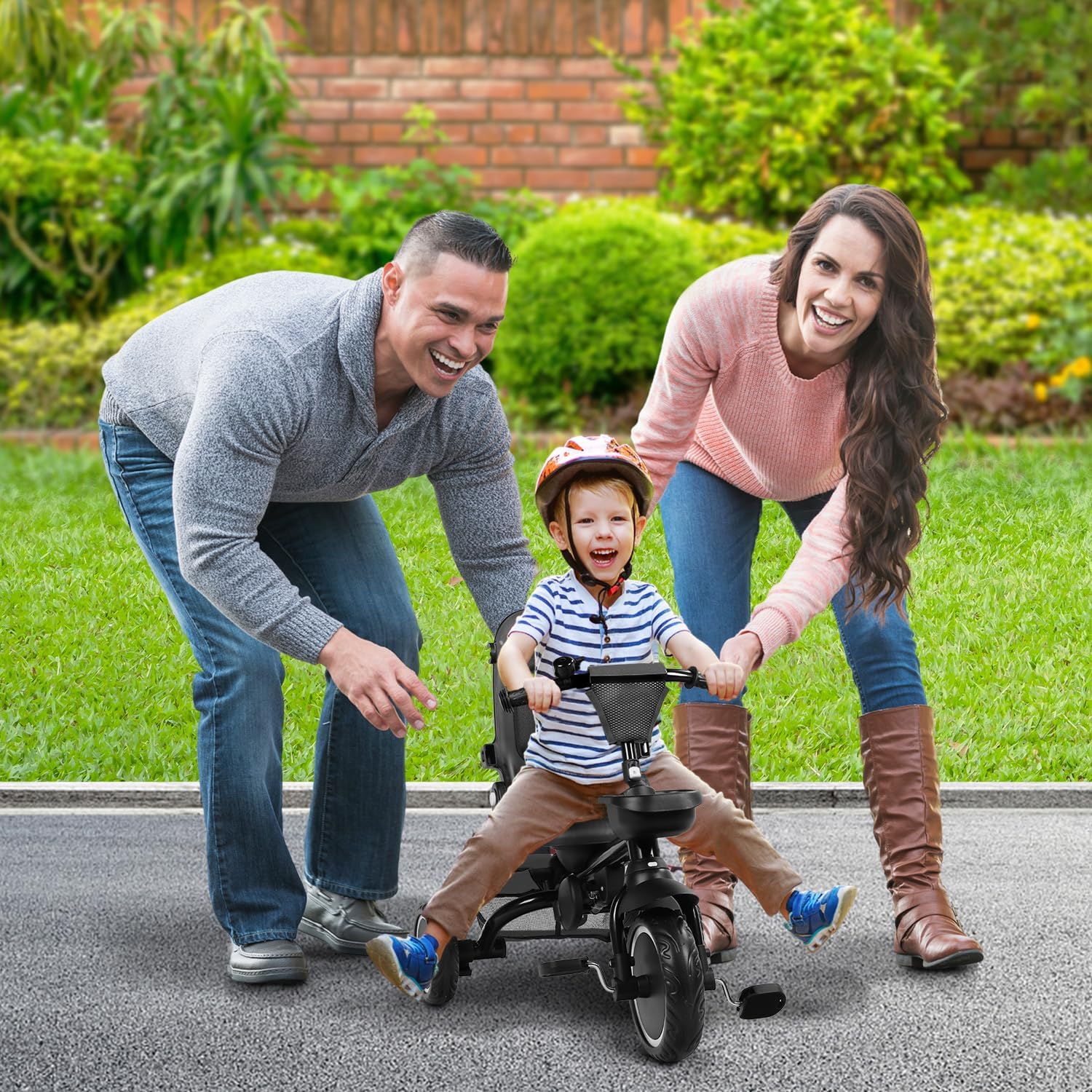 TODEFULL Folding Kids Tricycle, 8 in 1 Toddler Trike W/Removable & Adjustable Canopy, Parent Handle, 5-Piont Harness, Toddler Bike Tricycle for Kids 1-6 Years, EVA Wheels, Storage Basket, Grey