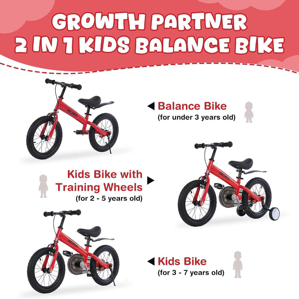 MEGHNA 2 in 1 Toddler Balance Bike 14 inch Wheel Kids Bike Aged 3-7 Years Old with Footrest Detachable Training Wheels Caliper and Coaster Brake Strider Bike for Boys Girls, Easy to Assembly