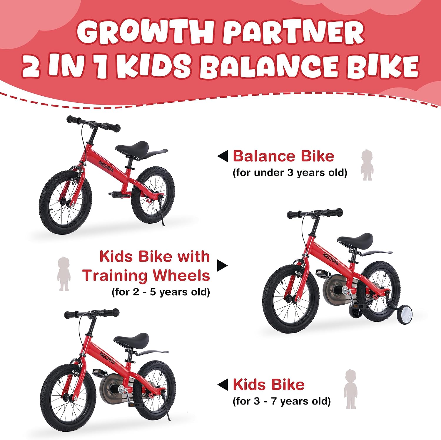 MEGHNA 2 in 1 Toddler Balance Bike 14 inch Wheel Kids Bike Aged 3-7 Years Old with Footrest Detachable Training Wheels Caliper and Coaster Brake Strider Bike for Boys Girls, Easy to Assembly