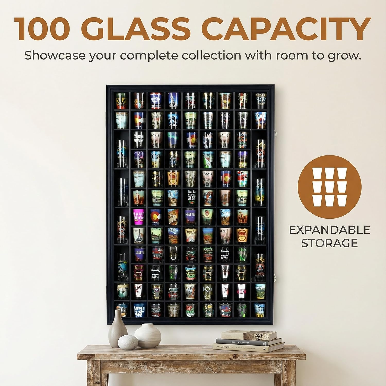 100 Shot Glass Display Case Holder Shadow Box Wall Cabinet, with Acrylic Door (Black Finish)