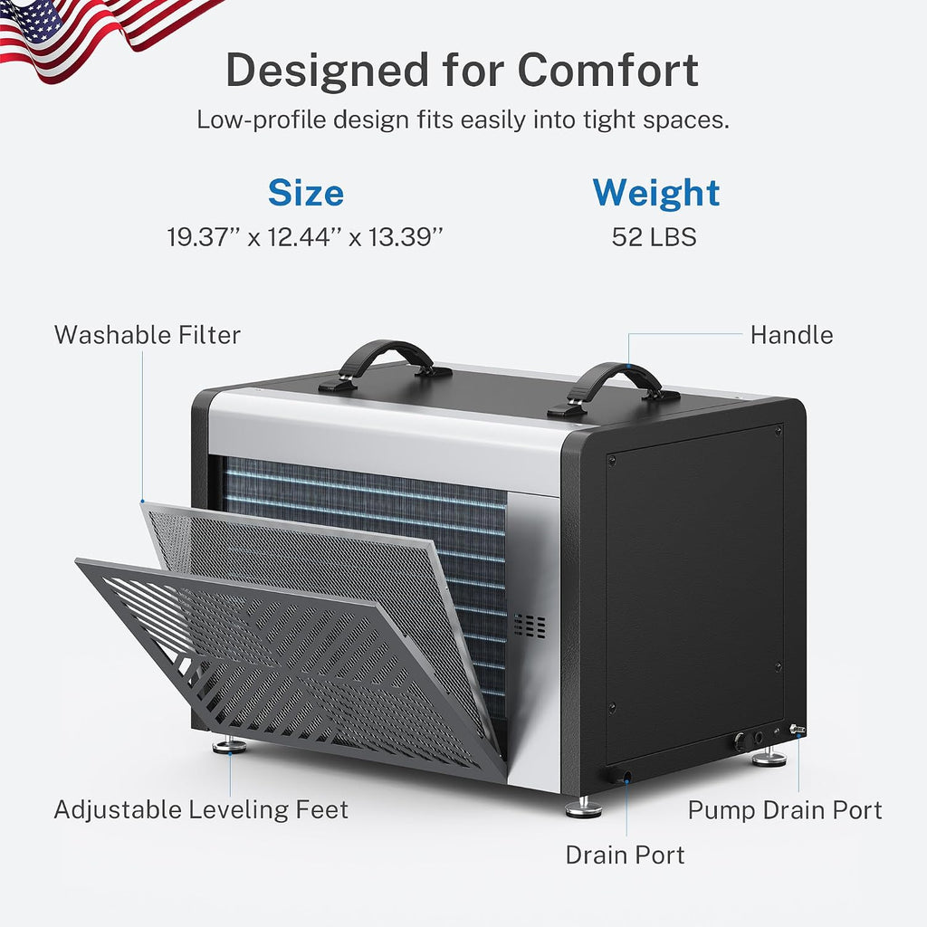 Yaufey 125 Pints Commercial Dehumidifier with Pump for 6500 Sq.Ft. Crawl Space, Basement, Industrial Area, 10-90% RH Humidity Control, 24/7 Running Continuous Drainage, TUV Certified, 5-Yr Coverage