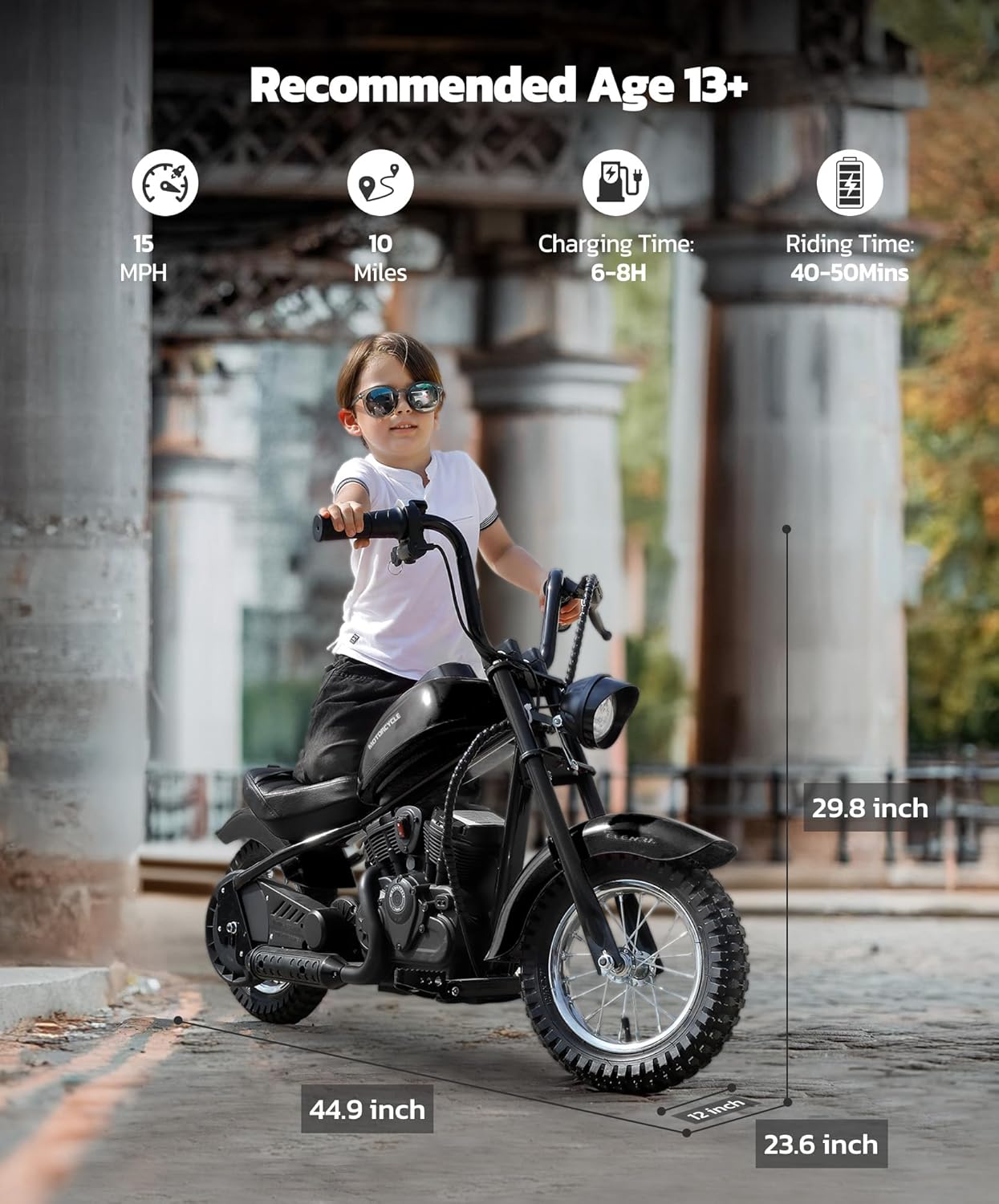 ELEMARA Electric Dirt Bike, 15 mph & 150lb Max, 24V Ride on Toy for Big Kids w/LED Lights & Power Display, Chain-Driven Motor, Twist-Grip Throttle, Shock Springs, Handbrake, 12' Air-Filled Tires-Dark