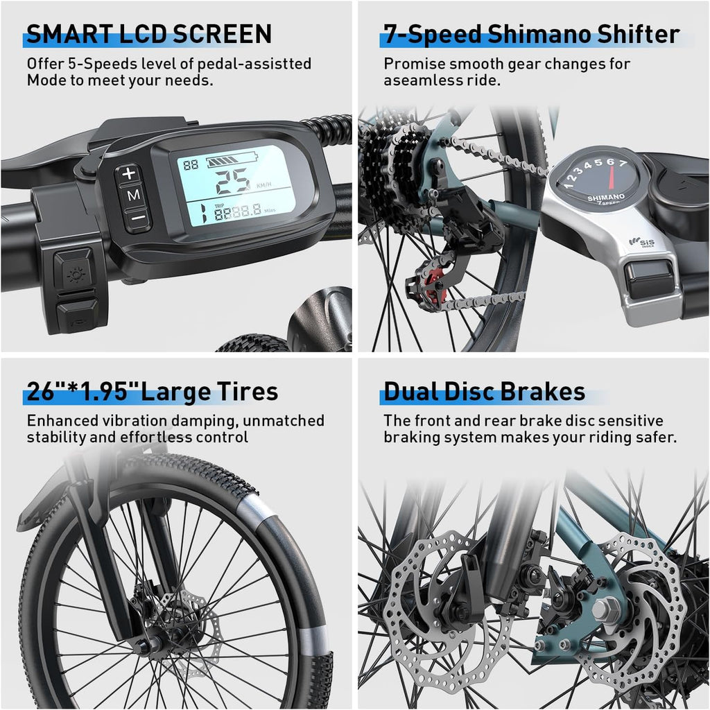Electric Bike 24' / 26', 22Mph Speed & & Peak 750W Motor, 36V 10 / 13AH Lithium Battery & 7/21-Speed Gear, Max Range 40+ Miles(Pedal-Assist), Electric Mountain Bicycle for Adults Women Men