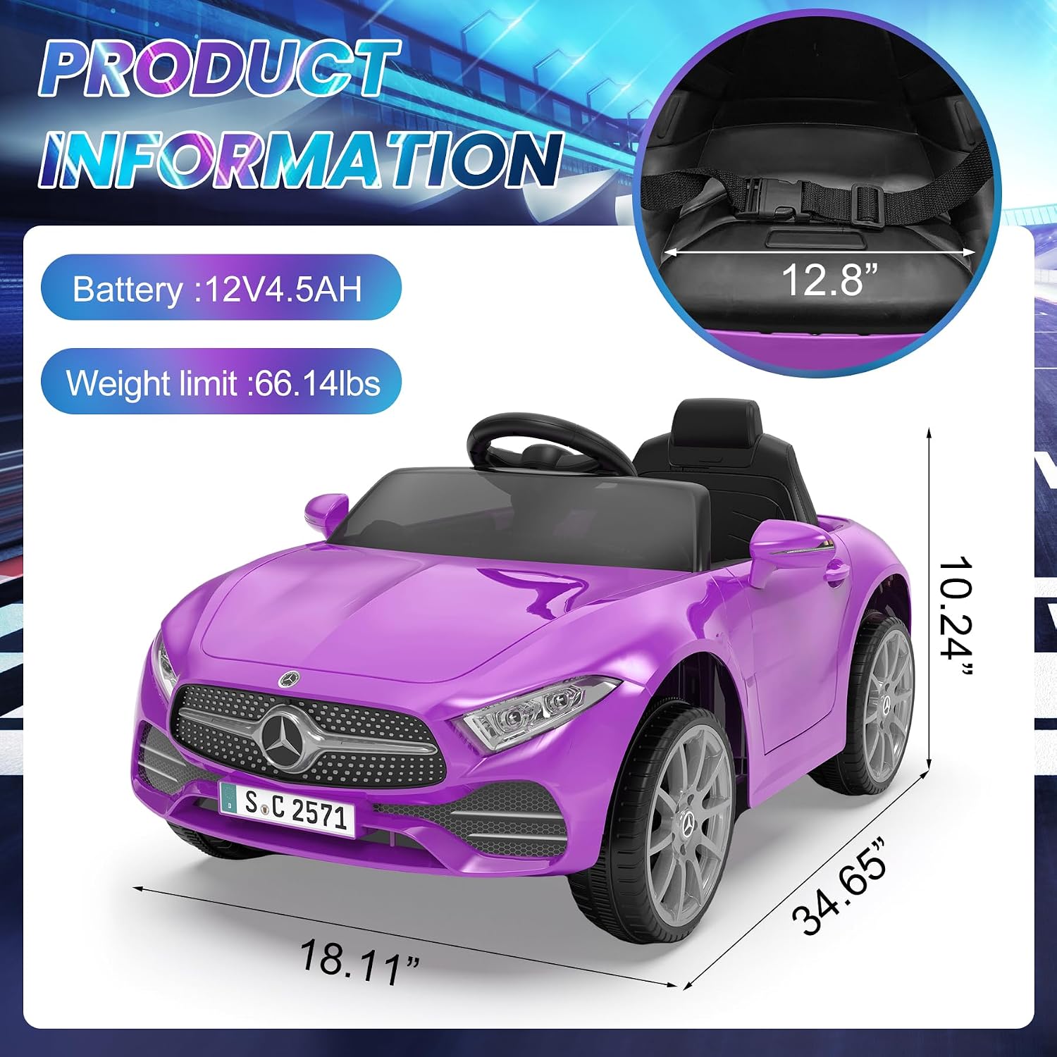 12V Kids Ride On Car with 2.4G Remote Control,Battery Powered Electric Car Ride On Vehicle Double Doors, Safety Belt,LED Light (SC-Purple)