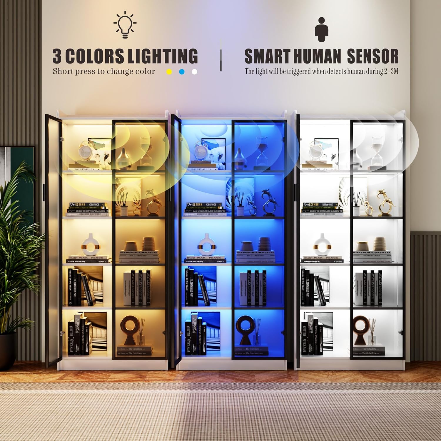 Dystler Display Cabinet with Doors and Adjustable Shelves, 65' Tall Bookcase with LED Lights/Human Sensor, 5 Tier Display Case for Collectibles Bedroom Living Room Office, White
