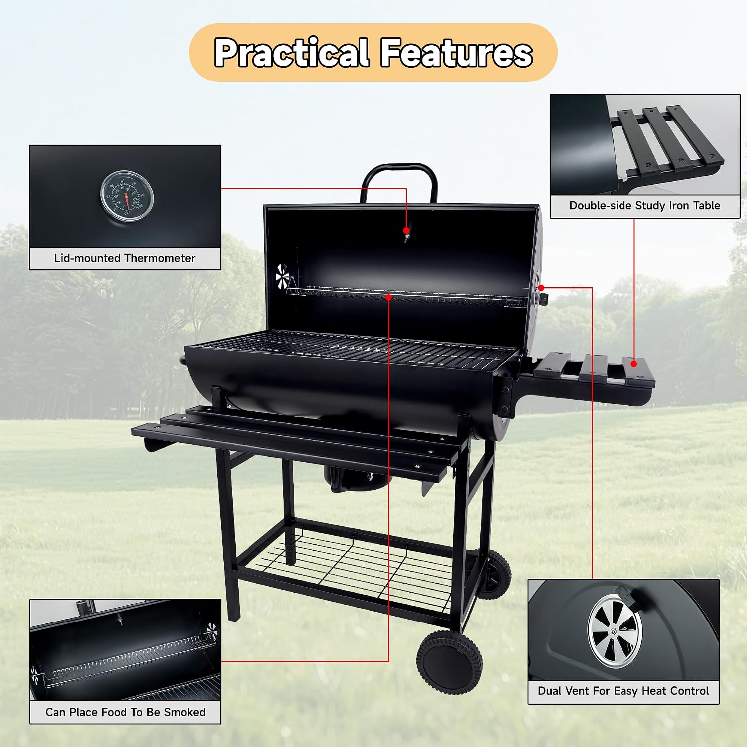 Charcoal Grill with Lid, 27' Outdoor BBQ Grill with Thermometer, Side Shelves, Wheels & Ash Catcher, Large Barrel Charcoal Smoker for Backyard, Camping & Outdoor Cooking