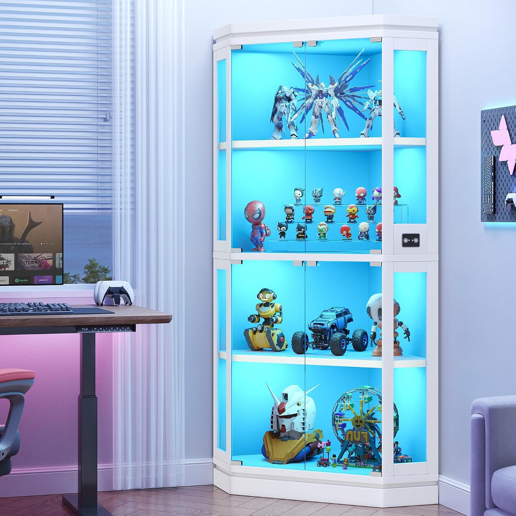 Jocoevol Corner Display Cabinet with Glass Doors, 4-Tier Display Cases for Collectibles with RGB Lights, 67'' Tall Corner Curio Cabinet with Human Body Sensor for Living/Game Room, White