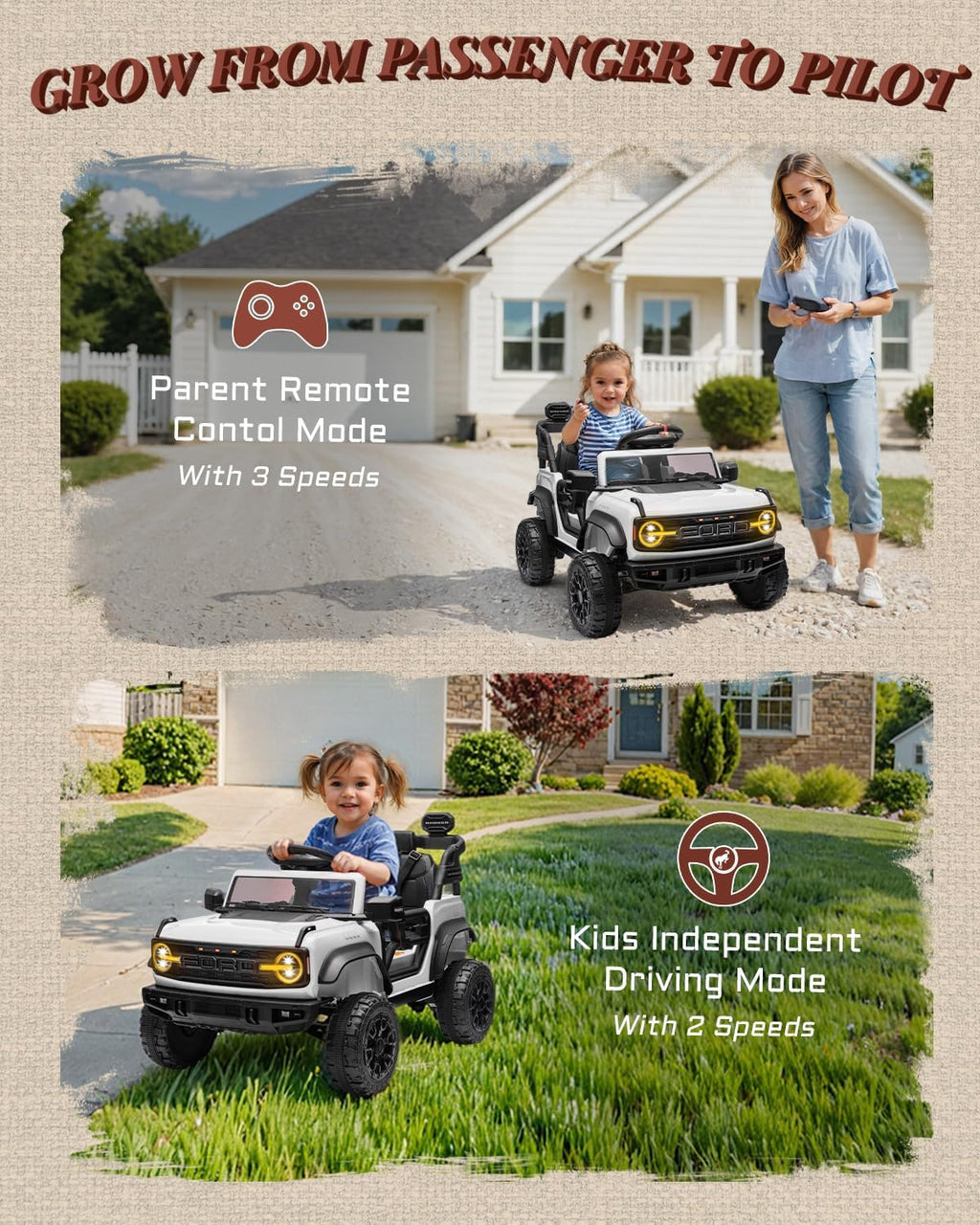 First Ride On Ford Bronco Raptor 12V Toddler Ride on Toys, Safe Kids Ride on Truck with Remote Control, Children Electric Cars with 4 Wheels Suspension, Radio, Music, Bluetooth (12V, White)