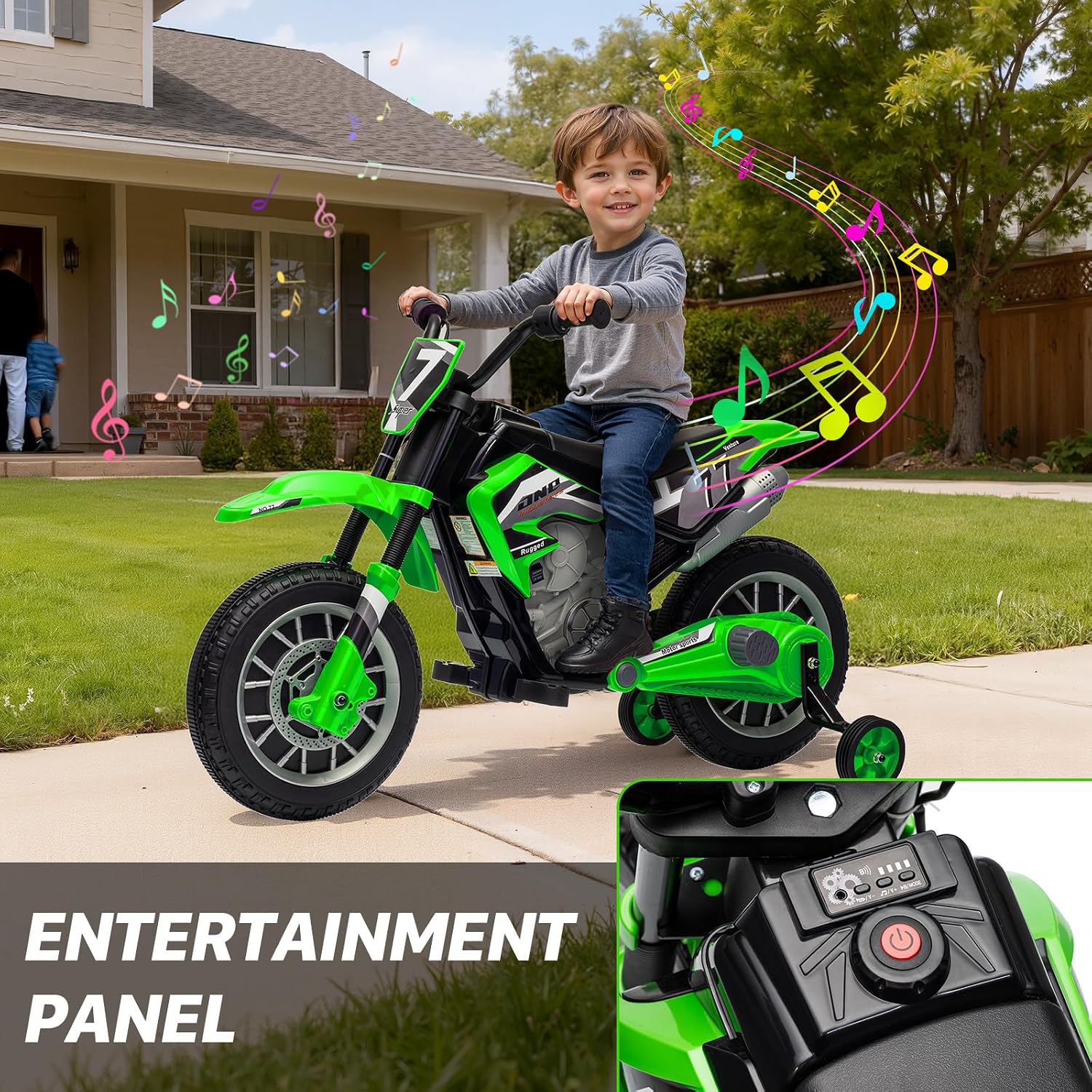 12V Kids Motorcycle w/Treaded Tires, 3.1mph Top Speed Electric Bike for Kids, Training Wheels, Music & Bluetooth, Spring Suspension, Age 3-8 Year Old, Green