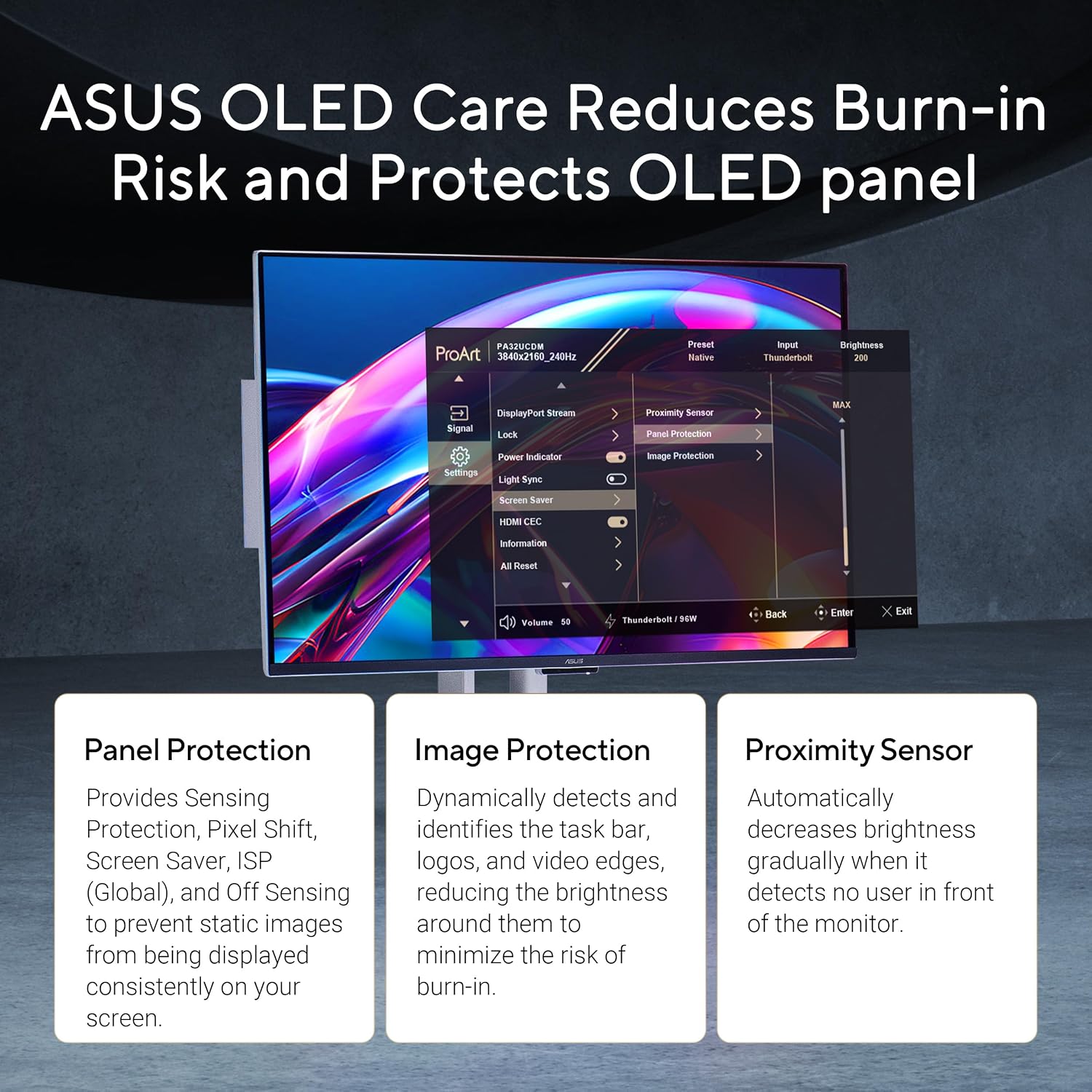 ASUS ProArt Display 32' 4K HDR QD-OLED Professional Monitor (PA32UCDM) - UHD, Ultra-Slim, 240Hz, 0.1ms, Auto Calibration, Dolby Vision, 99% DCI-P3, ΔE<1, Thunderbolt 4, Calman Ready, 3 yr Warranty