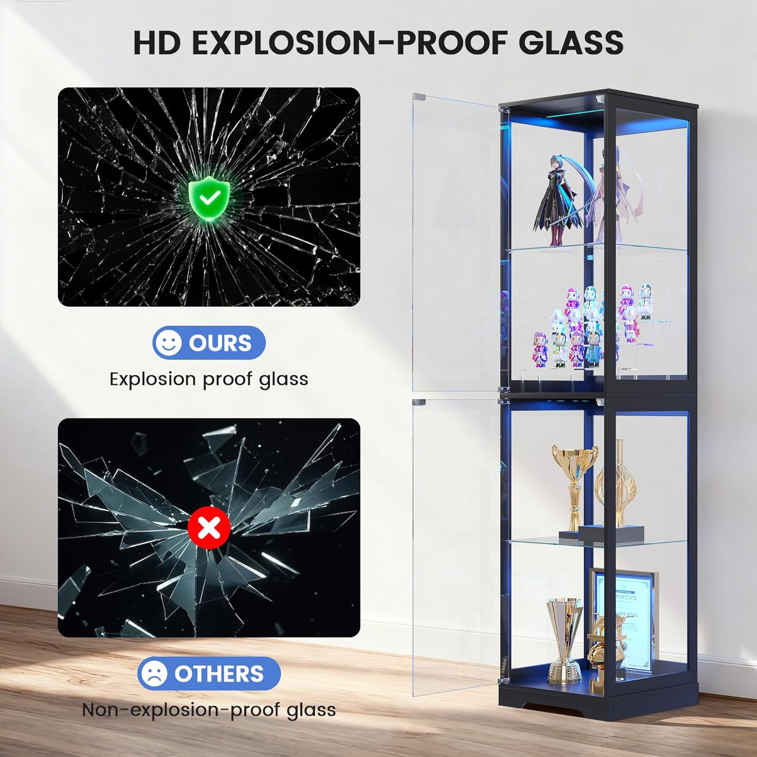 Glass Display Cabinet with Doors, 65' Tall 4-Tier Curio Display Case with 3 Color Lights and Human Body Sensor, Bookcase for Collectibles, Black
