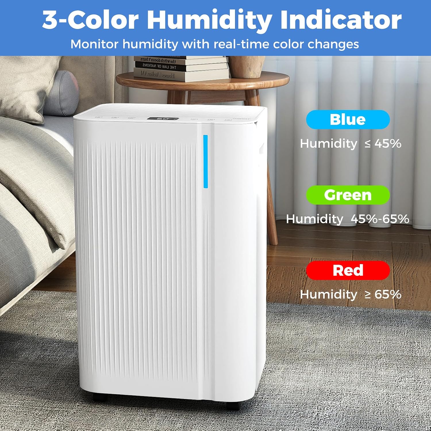 COSTWAY 54 Pints Dehumidifier for Basement, 4500 Sq.Ft Portable Dehumidifier with Drain Hose, 1.1 Gal Water Tank, 3 Modes, 24 H Timer, 3-Color Light, Auto Defrost, Memory, Child Lock