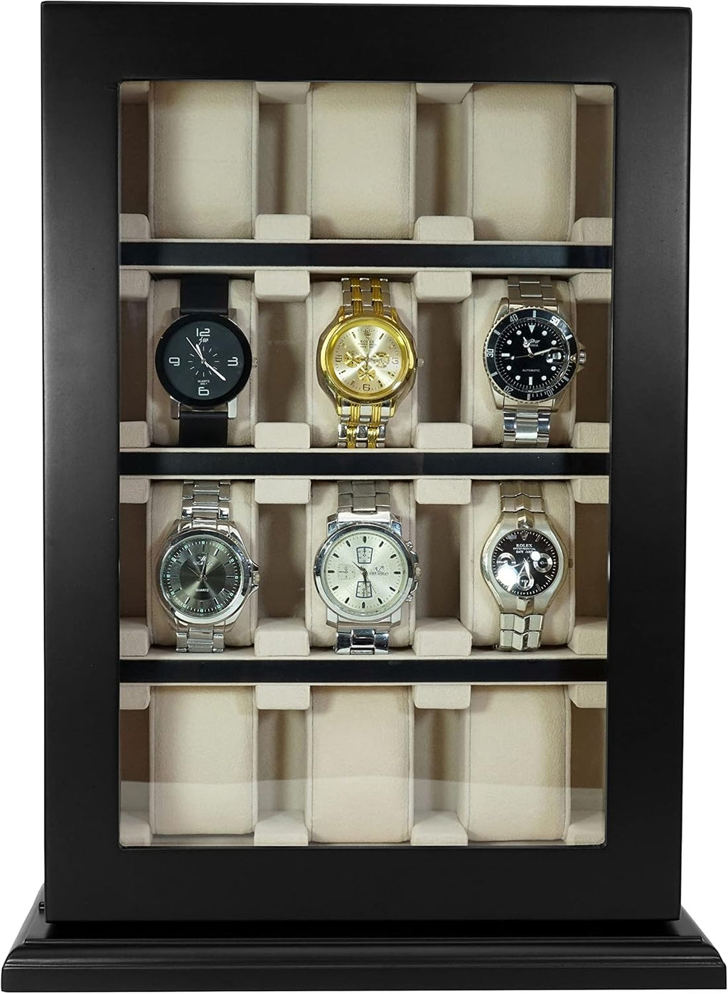 TIMELYBUYS 12 Piece Black Wood Watch Display Wall Hanging Case and Storage Organizer Box and Stand for Oversized Watches