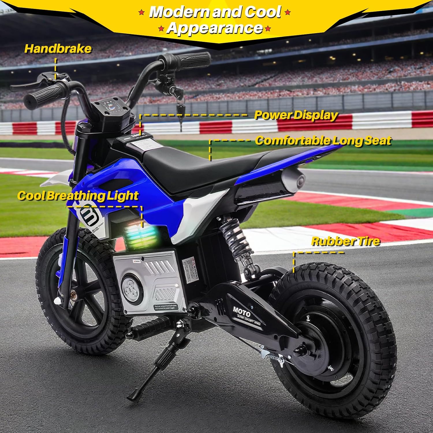 Blitzshark 24V Electric Dirt Bike for Kids，200W Motor Electric Motorcycle Aged 5-12, Electric Motorbike for Kids, Adjustable Speed, LED Breath lamp,Bluetooth,Music,Horn,Speeds 3-9MPH，Blue