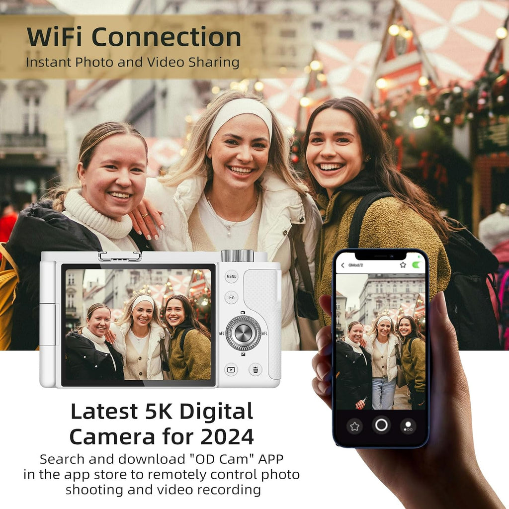 ORDRO G730 5K Digital Camera for Photography, 64MP Auto & Manual Focus Digital Camera for YouTube with 3.2'' 270° Flip Screen, 12X Optical Zoom Compact Travel Camera with 64G Card, 2 Batteries & Flash
