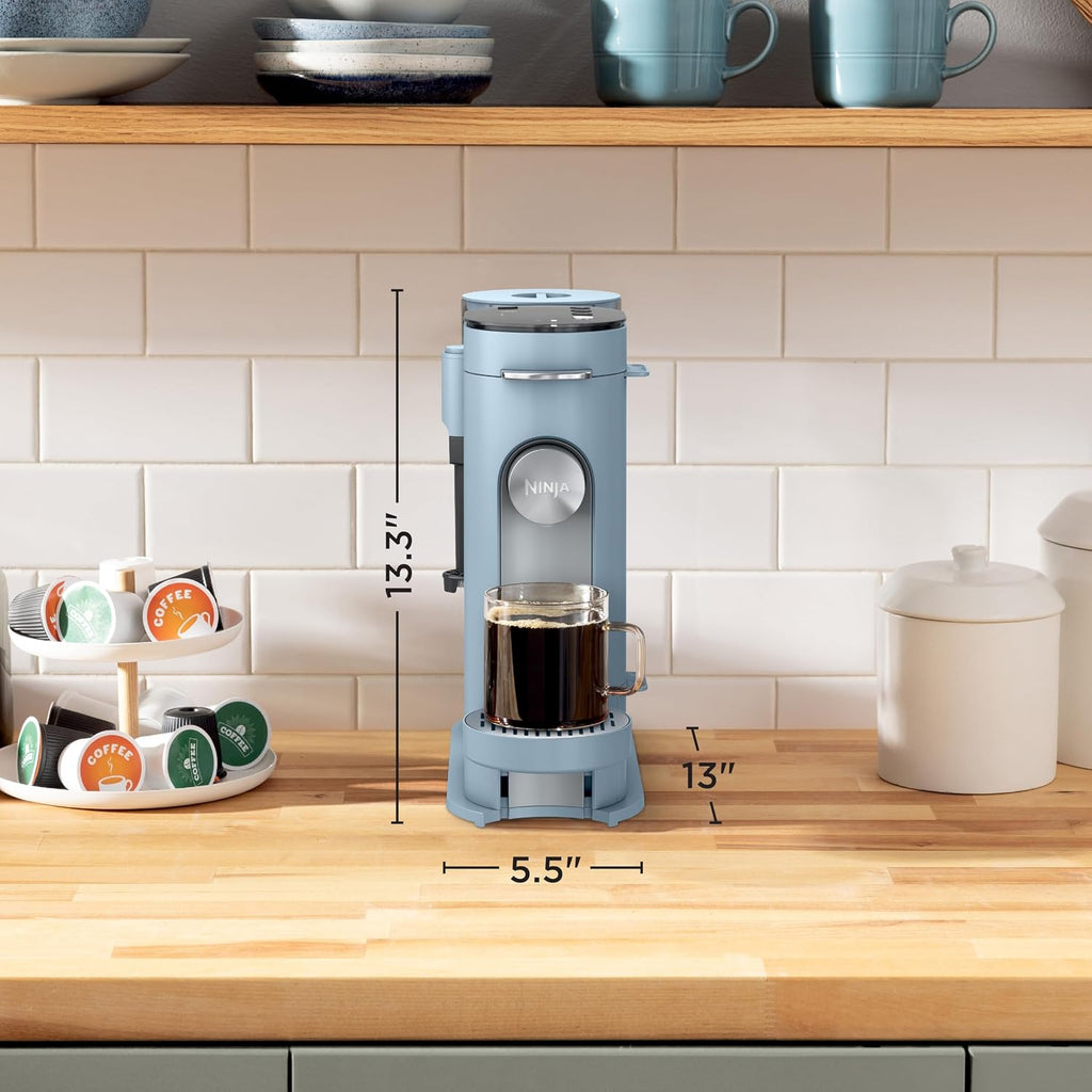 Ninja Pod & Grounds Specialty XL Single-Serve Coffee Maker, K-Cup Pod Compatible, Brews Grounds, Compact Design, Built-In Milk Frother, 68-oz. Reservoir, 6oz. Cup-24oz. Mug Sizes, Denim Blue, PB055ABL