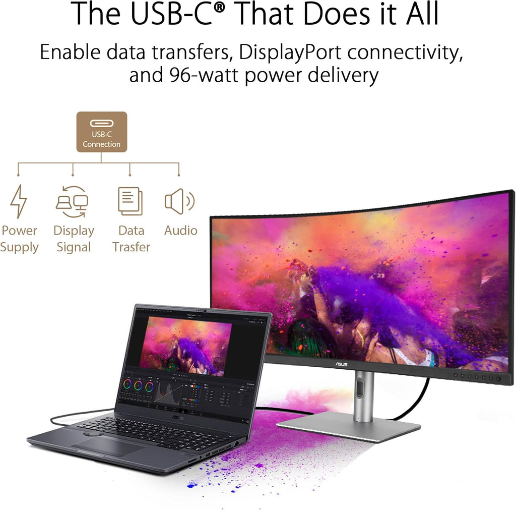 ASUS ProArt Display 34' Ultrawide Curved Professional HDR Monitor (PA34VCNV) - IPS, 21:9 3440 x 1440, 3800R Curve, 100% sRGB/Rec709, ΔE<2, Calman Verified, USB-C Docking PD 96W, RJ45, 3 Year Warranty