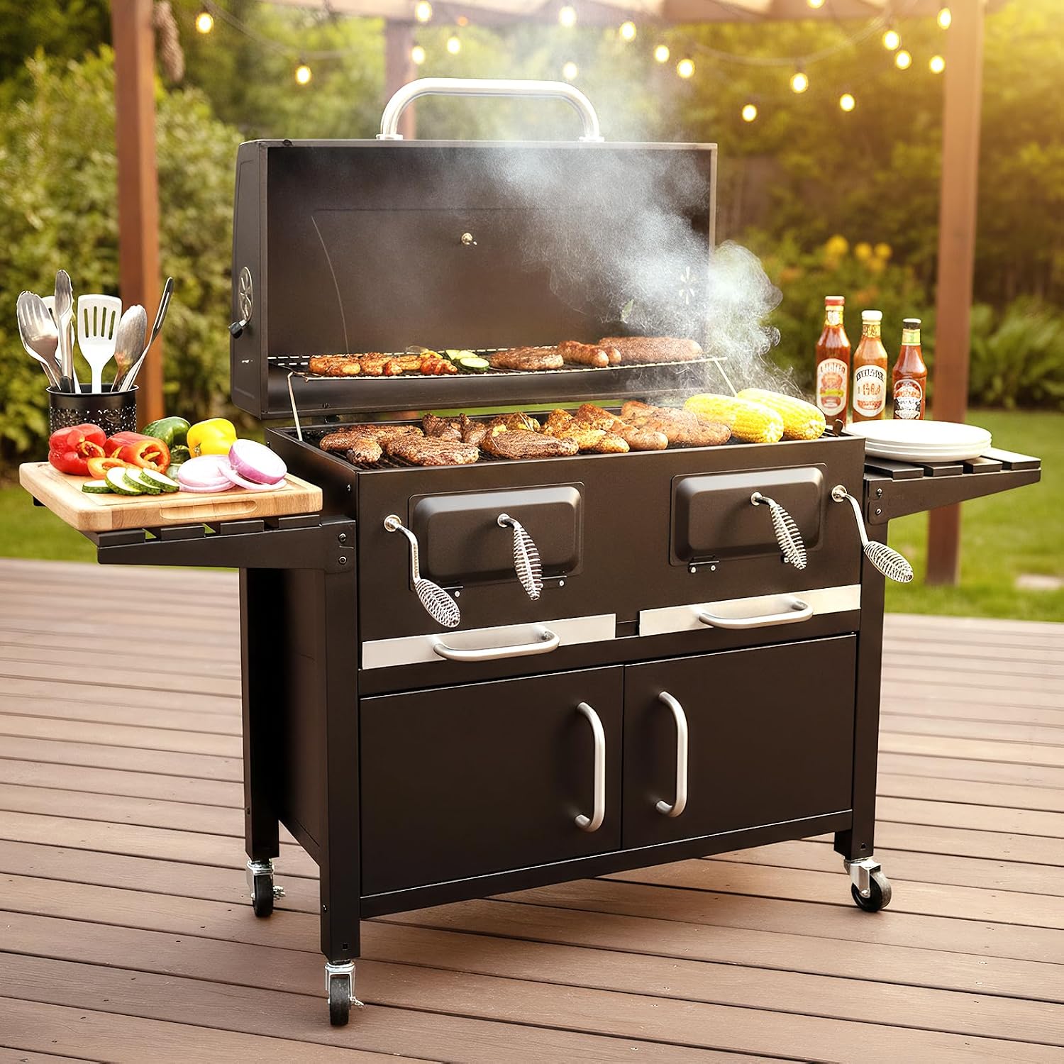 Bestfire Extra Large Charcoal BBQ Grill with Oversized Cooking Space, Dual Charcoal Trays, Enamel Grates & Chrome Warming Rack, Outdoor Barbecue Smoker with 4 Wheels & Side Tables