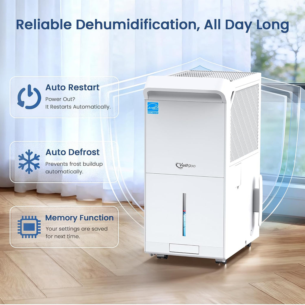 6,000 Sq.Ft Most Efficient Energy Star 2025 Dehumidifier,Vellgoo Max 140 Pint/D Smart Compressor Dehumidifier for Basement with Drain Hose, for Home,Large Rooms