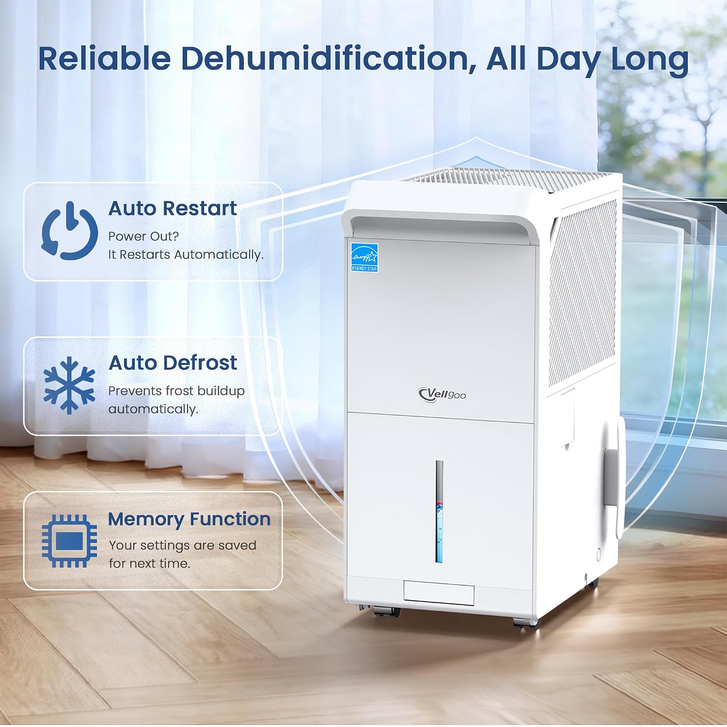 6,000 Sq.Ft Most Efficient Energy Star 2025 Dehumidifier,Vellgoo Max 140 Pint/D Smart Compressor Dehumidifier for Basement with Drain Hose, for Home,Large Rooms