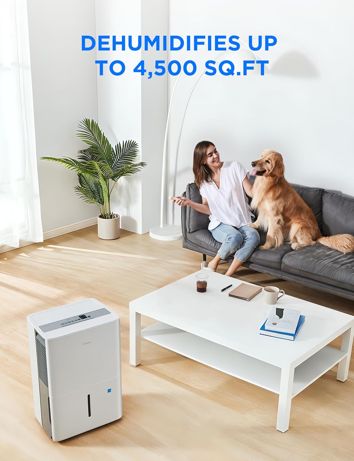 Midea 4,500 Sq. Ft. Dehumidifier With Pump Included, 50 Pint - Ideal For Basements, Large & Medium Sized Rooms, And Bathrooms (White)