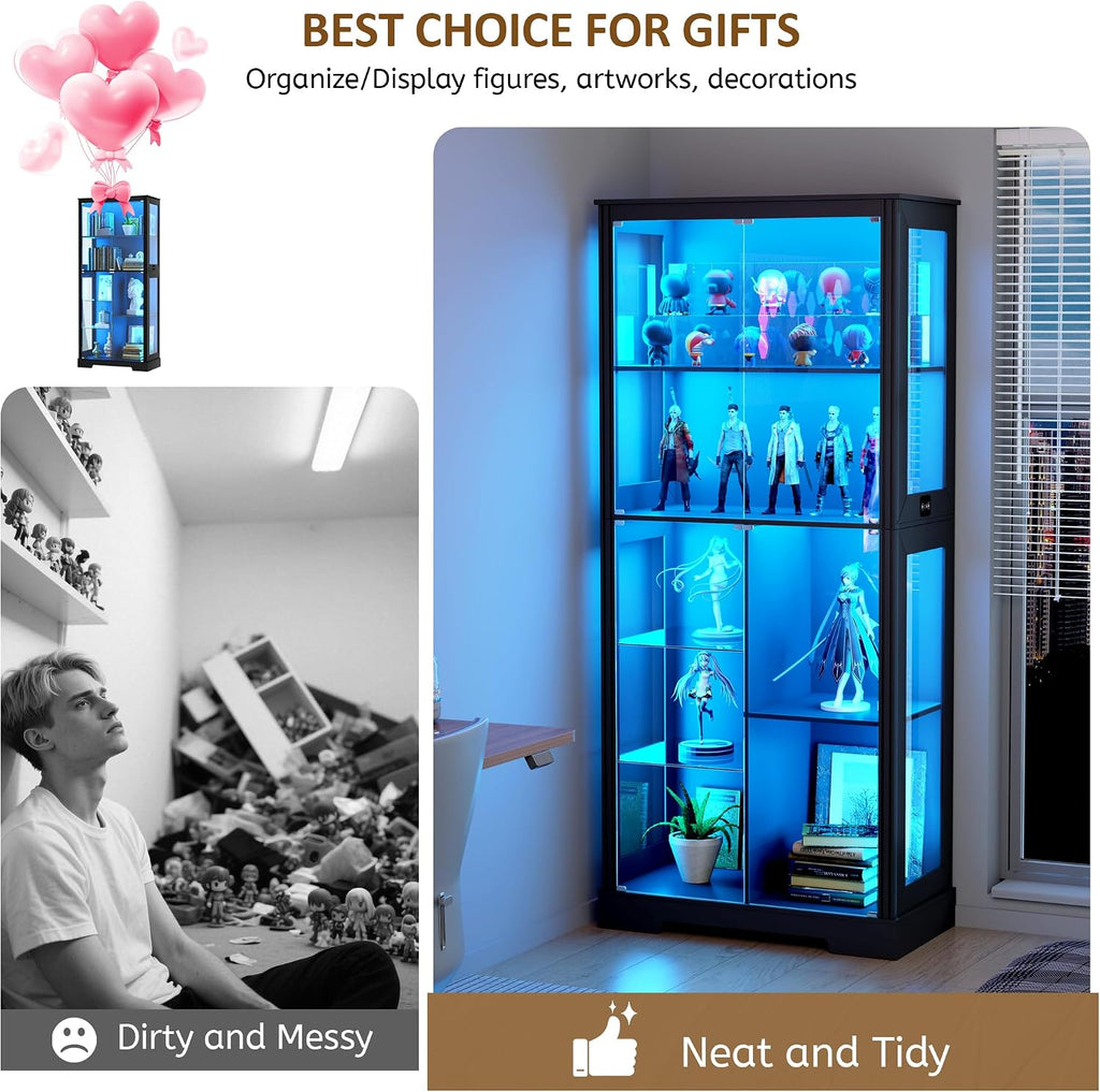 Lvifur 71' Display Cabinet with Glass Doors, Modern Curio Cabinet with 3 Color Lights, 7-Tiers Glass Display Cases for Collectibles, Tall Lego Storage Cabinet with Human Body Sensor (Black)
